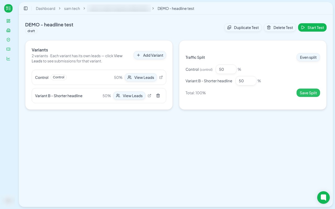 A/B test variants and traffic split