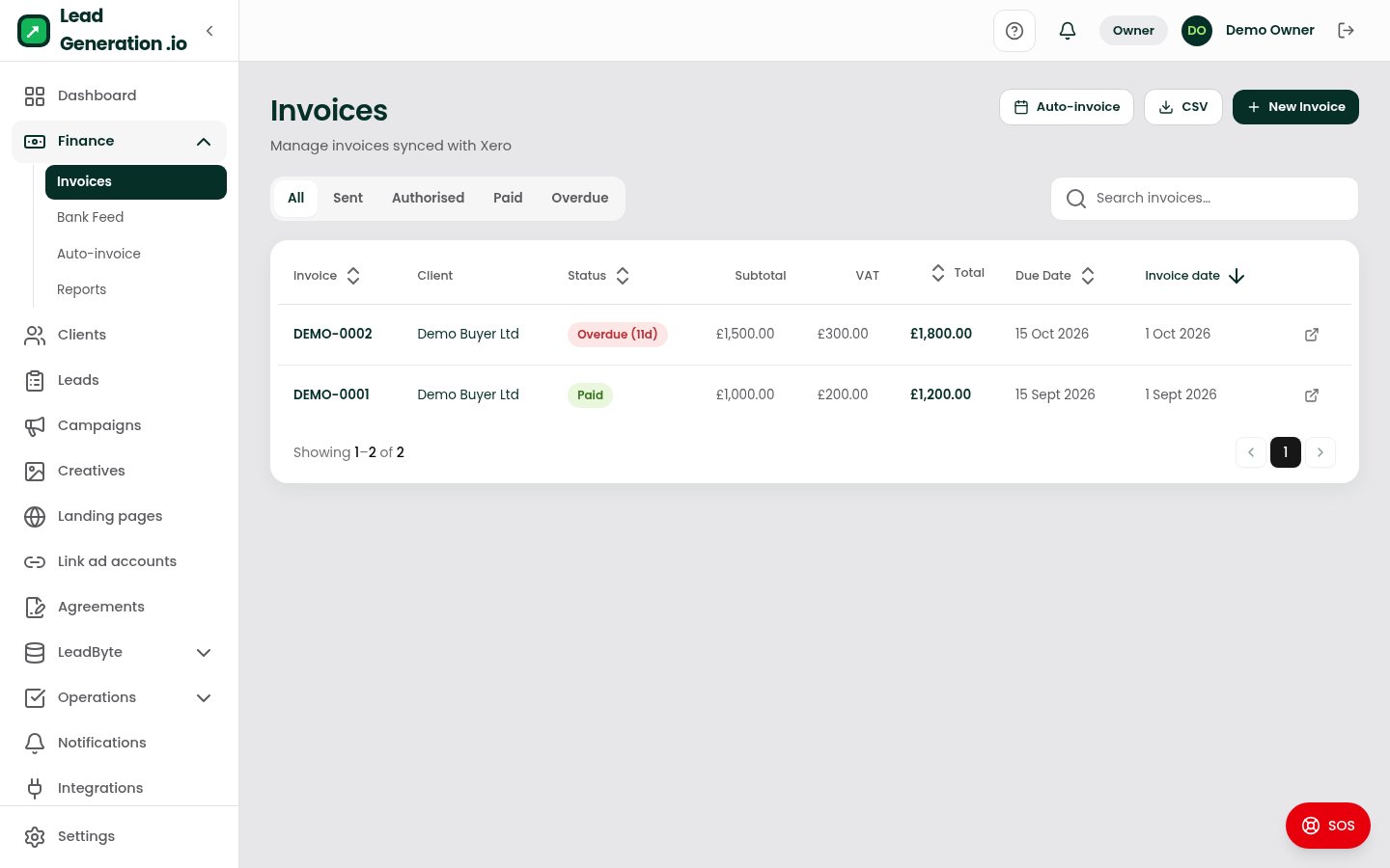 Invoices at desktop width