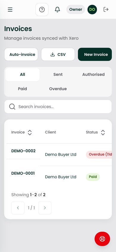 Invoices at mobile width