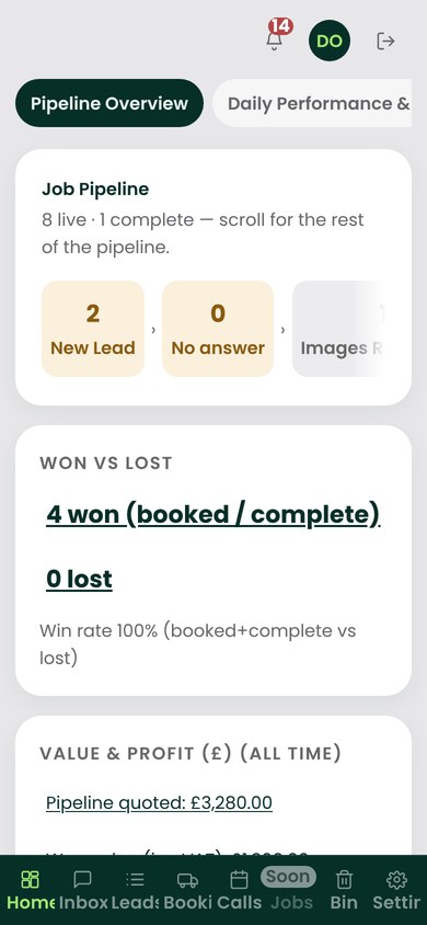 Dashboard at mobile width
