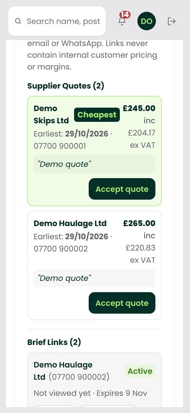 Supplier briefs and quotes at mobile width
